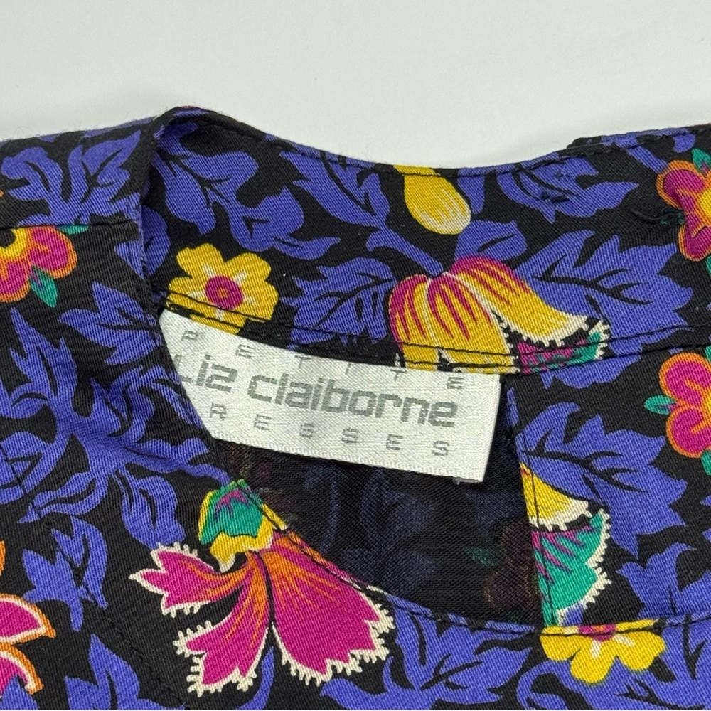 Liz Claiborne Vintage Floral Midi Dress Petite 8 Blue Rayon Belted Long Sleeve - Picture 4 of 11
